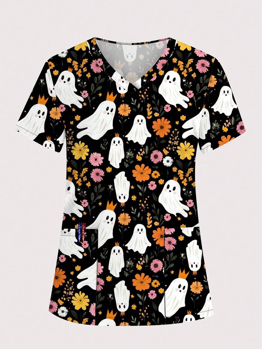 cimmuovere 大码女式V领短袖可爱幽灵与花卉印花手术服护士制服上衣，适用于牙科、医疗保健、宠物医院、实验室、万圣节服装 - 黑色 - 查看 1
