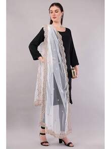 Scalloped Cutwork Net Dupatta, Lightweight And Sheer Shawl, Scarf, Wrap - 白色 - 查看 6