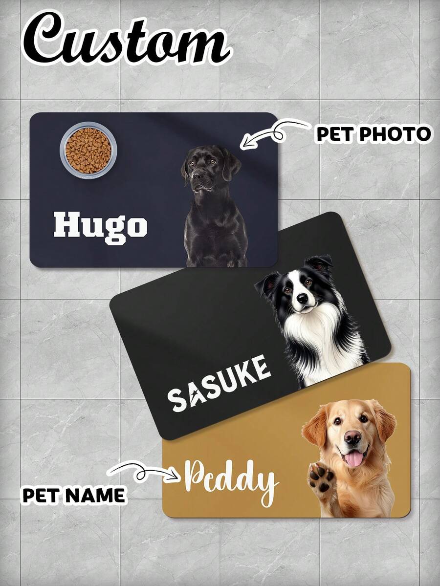 1 件定制宠物喂食垫 - 速干吸水防滑狗碗垫，个性化名称和照片，宠物肖像喂食垫，速干吸水防滑狗碗垫，可定制名称和爪印，耐用北欧人字形橡胶/硅胶地垫