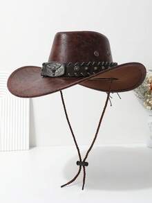 1pc Women's Denim Hat, Fashion Leather Heart-Shaped Crown Rolled Brim Cowboy Hat, Unique Outdoor Travel Party Performance Cap, Paired With Wide Belt & Bull Head Metal Belt Decor, Unisex Versatile Style - Brown - View 13