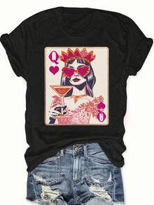 女款 [Heart King] 印花 T-shirt 黑色休閒短袖圓領上衣，鮮豔撲克牌調酒設計，適合夏季 - 黑色 - 查看 3