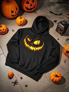 Men's Autumn/Winter Slogan Pumpkin Smiling Face Print Knit Long Sleeve Hoodie Sweatshirt, Machine Washable - Black - View 1