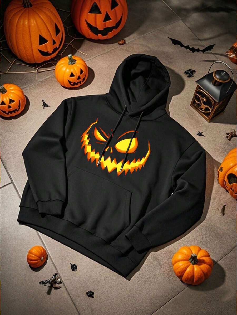 Men's Autumn/Winter Slogan Pumpkin Smiling Face Print Knit Long Sleeve Hoodie Sweatshirt, Machine Washable - Black - View 1