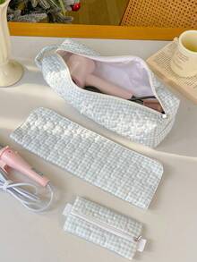 1Pc/Set Gingham Print Quilted Cute Hair Dryer Storage Bag Curling Irons Storage Bag Hair Dryer Holder Hair Tool Bag Hair Clips Storage Bag Travel Storge Bag Set Travel Carrying Organizer Bag For Crimping Hair Tools(Curling Iron, Hair Dryer), Hair Clips, Hair Straightener, Small Items Multi-Functional Storage Bags Travel Essentials Cruise Essentials Dorm Essentials Back To School Gifts Mom Gifts Bridesmaid Gifts Gift For Valentine's Day - Blue - View 2