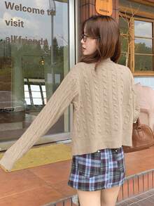 Cardigan Longgar Leher Bulat Warna Polos dengan Bordir untuk Wanita, Cocok untuk Beraktivitas Sehari-hari, Musim Gugur/Dingin - Khaki - View 6