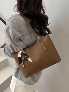 Fashionable Unique Design Shoulder Bag, Versatile With Stitching Underarm Strap, Scarf Decor, Large Capacity Book Tote Bag, Suitable For Women Commuting, Vacation, Outdoor - Brown - View 4