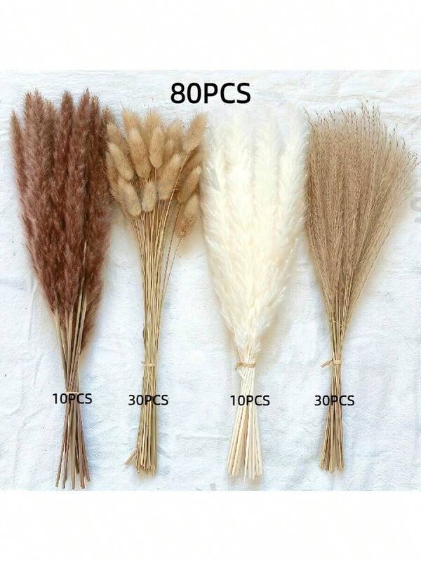 38/50/80/100/110pcs Natural Premium Pampas Grass Decor - Dried Rattan Flowers For Home, Wedding, Event & Festive Season Decorations (Christmas, Halloween, Easter, Thanksgiving)