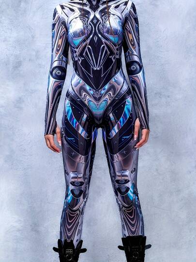 Combinaison imprimée numériquement pour femmes, costume de scène technologiquement avancé, tenue de style punk, imprimée, avec fermeture éclair à l'avant, manches longues, convient pour un costume d'Halloween