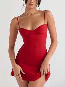 Women's Solid Sexy Red A-Line Suspender Mini Dress, Elegant Style Suitable For Daily Outings, Dates, Parties, Summer/Spring Vacations Outfits - Red - View 1