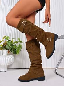 Kozaki do kolan w stylu western, damskie płaskie kozaki do połowy łydki na grubym obcasie, w jednolitym kolorze, plisowane kowbojki, luźne buty, kozaki do uda, kozaki z paskiem na klamrę, duże rozmiary, wysokie kozaki z okrągłym noskiem, khaki kozaki do kolan