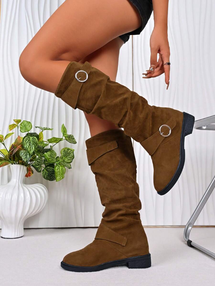 Kozaki do kolan w stylu western, damskie płaskie kozaki do połowy łydki na grubym obcasie, w jednolitym kolorze, plisowane kowbojki, luźne buty, kozaki do uda, kozaki z paskiem na klamrę, duże rozmiary, wysokie kozaki z okrągłym noskiem, khaki kozaki do kolan