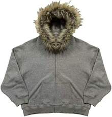 Y2k Zip Up Hoodie Fur Hooded Jacket Warm Winter Coat For Men Fur Collar Hoodies Streetwear Unisex Streetwear-20256688 - 灰色 - 查看 4
