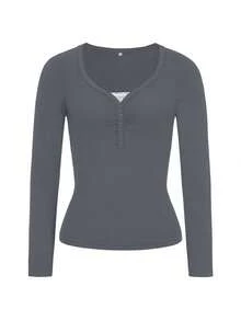 GAOVOT Women's T-Shirt, Y2K Spring/Summer Casual Daily Sexy Solid Color Lace Patchwork Fitted Long Sleeve V-Neck Top, Suitable For Commuting - Dark Grey - View 9