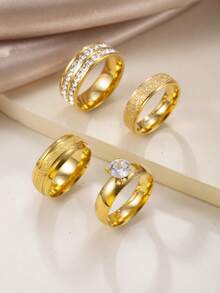 4/5 Pieces Fashionable And Exquisite Stainless Steel Ring 18k Gold Plated With Diamonds Round Square Ring Suitable For Women'S Daily Wear Dating Play Wedding Engagement Holiday Gift Jewellery