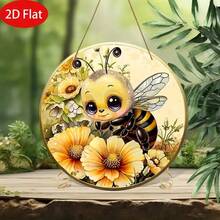 2D Flat, 1pc Spring Bee Round Wooden Hanging Plaque, Bee Theme Wooden Hanging Sign, Wooden Decorative Wreath Plaque, Door Decor, Bedroom Decor, Wall Decor, 2D Flat Wood
