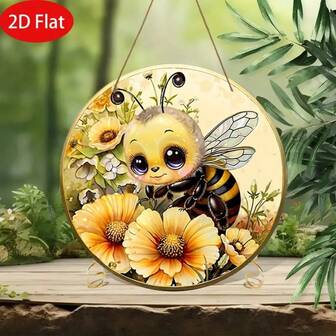 2D Flat, 1pc Spring Bee Round Wooden Hanging Plaque, Bee Theme Wooden Hanging Sign, Wooden Decorative Wreath Plaque, Door Decor, Bedroom Decor, Wall Decor, 2D Flat Wood