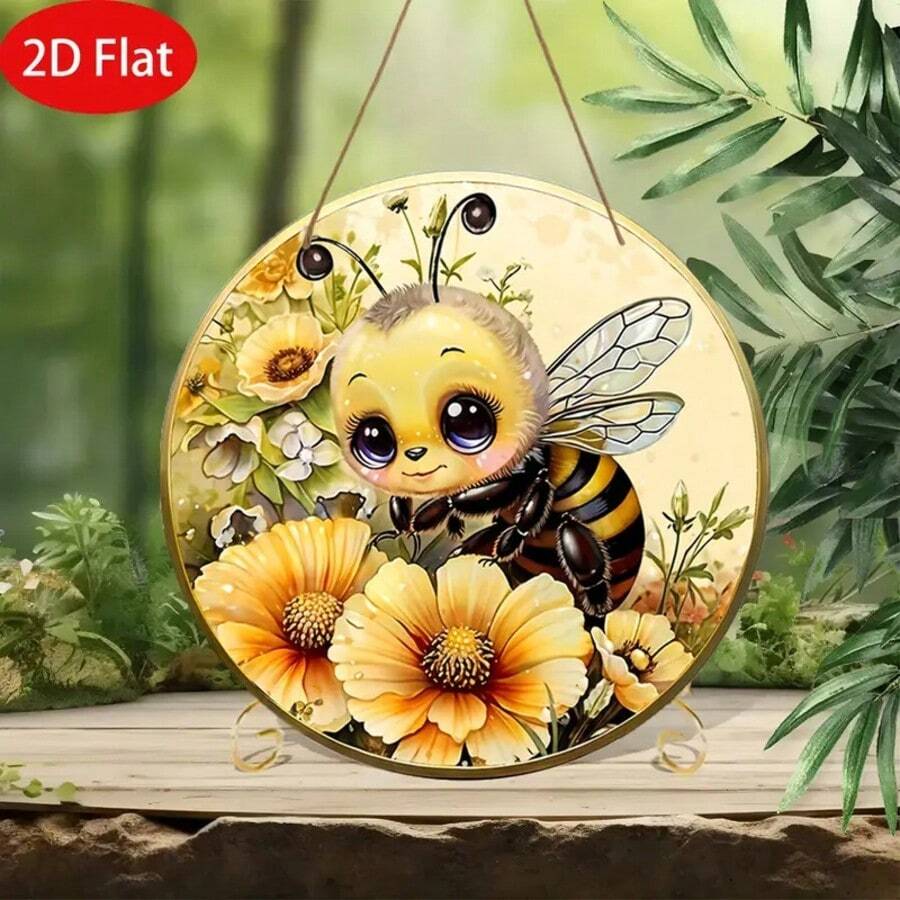 2D Flat, 1pc Spring Bee Round Wooden Hanging Plaque, Bee Theme Wooden Hanging Sign, Wooden Decorative Wreath Plaque, Door Decor, Bedroom Decor, Wall Decor, 2D Flat Wood