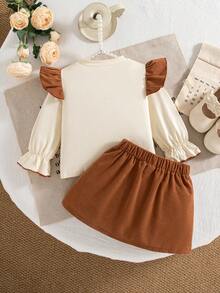 Herbst/Winter Baby Mädchen süßer Rundhals brauner Flügelärmel Rüschen Langarm Top mit brauner Schleife Deko & brauner Vintage Stil Rock