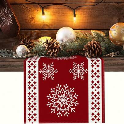 1 件简约圣诞红色雪花桌旗，圣诞节冬季假日农舍厨房餐桌装饰，适合室内/室外家庭聚会，尺寸：33x90/120/183/230/275 厘米