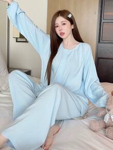 2 Stück Damen Einfarbiger Lässig Pyjama Set, Blau Langarm Knopfleiste Nachtwäsche, Herbstkleidung
