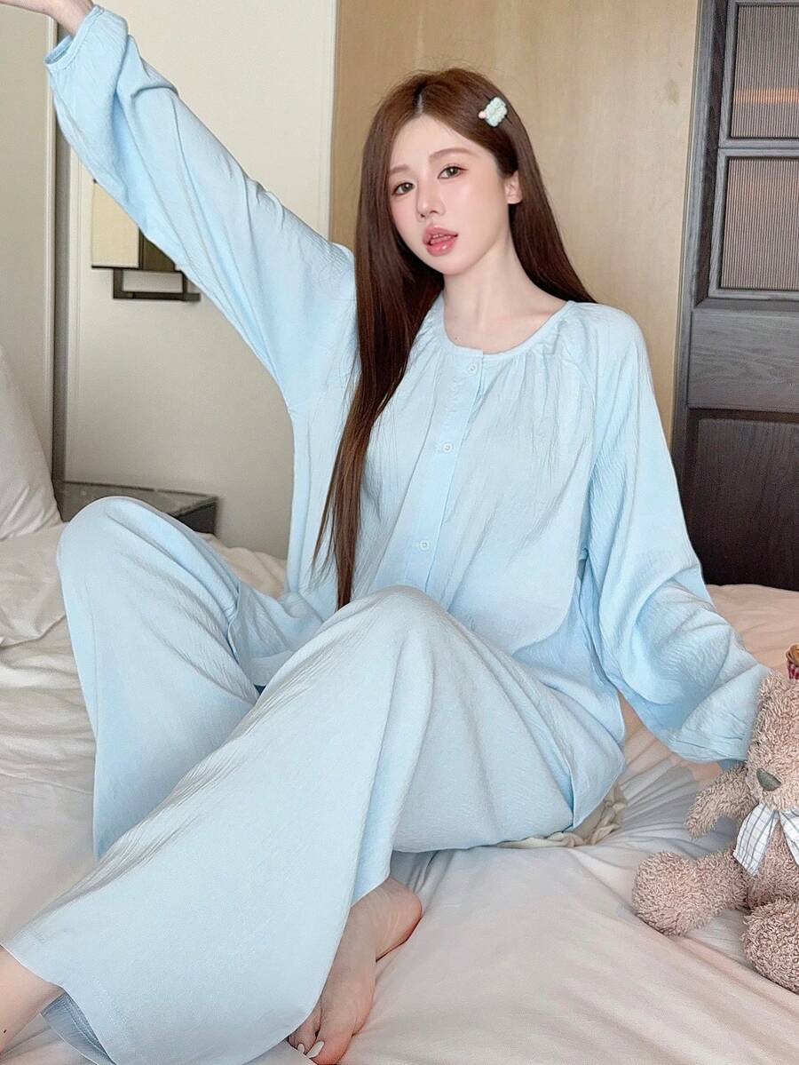 2 Stück Damen Einfarbiger Lässig Pyjama Set, Blau Langarm Knopfleiste Nachtwäsche, Herbstkleidung