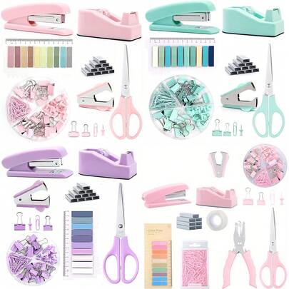 Office Supplies Set Desk Accessories, School Supplies Set: Desk Pen Holder, Stapler, Tape Dispenser, Scissors, Ruler, Binder/Paper Clips, And 1,000 Staples