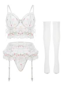 2025 New Summer Sexy Floral Lace Lingerie Set, 5 Pieces