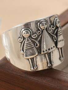 3pcs Vintage Copper-Tone Handcrafted Carved Figurine Rings, Bohemian Style Daily Wear Rings For Women - Silver - View 4