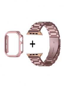مجموعة سوار ساعة أبل وغطاء واقي للساعة باللون الوردي، متوافق مع ساعات أبل سلسلة Ultra3/2/1، SE، S10/S9/S8/S7/S6/S5/S4/S3/S2/S1، مقاس 38مم 40مم 41مم 44مم 45مم 49مم 42مم 46مم، سوار من الفولاذ المقاوم للصدأ قابل للتعديل، غطاء واقي من مادة البولي كربونات مقاوم للخدش والصدمات، بدون واقي للشاشة، مناسب للنساء/البنات