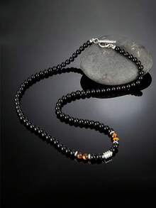 男士嘻哈朋克项链 6 毫米虎眼石和黑碧玺珠祈祷项链冥想念珠男士礼物珠宝