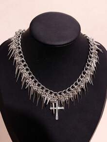 A Fashionable, Exquisite And Exaggerated Gothic Punk Multi-Layered Pointed-Neck Necklace, Suitable For Women's Daily Life, Festivals, Parties And Style Matching Accessories. - Silver - View 12