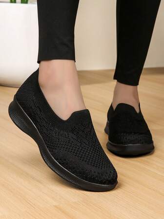 Women's Black Knit Loafers, Soft Sole Lightweight Comfortable Slip-On Flat Shoes, Casual Everyday & Outdoor Walking Shoes, Suitable For Mothers