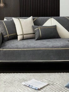 1pc Gray Sofa Throw Blanket With Contrast Color Ribbon, Modern Polyester Sofa Cover, Mult - Dark Grey - View 4