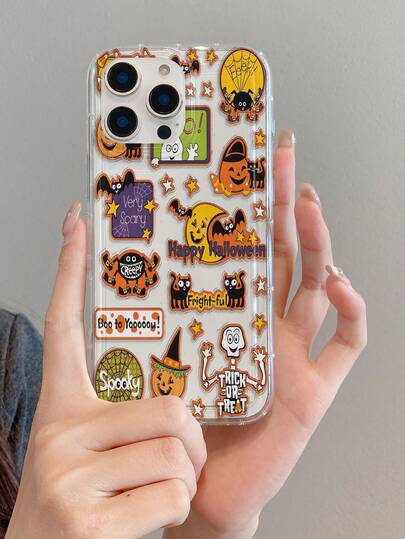 1pc Halloween Skeleton Pumpkin Letter Pattern, Air Cushion Transparent Anti-Fall Phone Protective Case, TPU Material, Suitable As Holiday Gift, Compatible With Apple XS/XS Max/XR/11 12 13 14 15 16 Pro/Pro Max/14 15 16 Plus, Unisex, Also Compatible With Samsung Phones