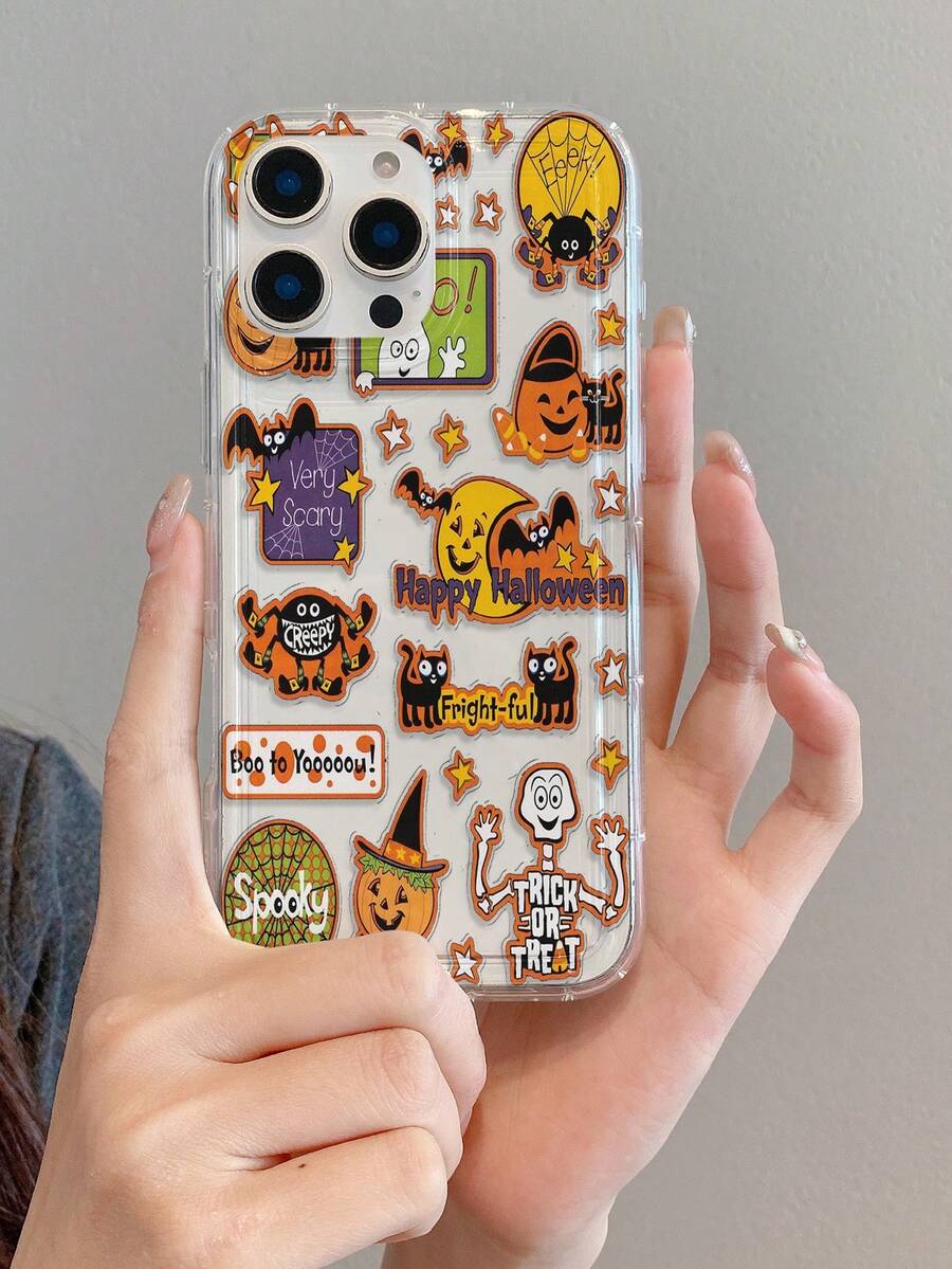 1pc Halloween Skeleton Pumpkin Letter Pattern, Air Cushion Transparent Anti-Fall Phone Protective Case, TPU Material, Suitable As Holiday Gift, Compatible With Apple XS/XS Max/XR/11 12 13 14 15 16 Pro/Pro Max/14 15 16 Plus, Unisex, Also Compatible With Samsung Phones - Clear - View 1