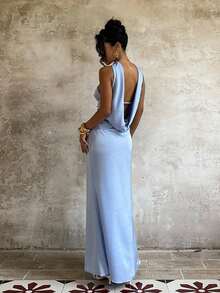 Đầm dài dệt kim không tay cổ yếm thanh lịch dành cho nữ, thiết kế hở lưng có khóa kéo, lý tưởng làm đầm dạ hội hoặc đầm phù dâu mùa hè. - Màu xanh nhạt - Xem 3