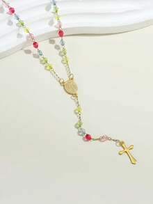 1pc Virgin Mary Rosary Beads Stainless Steel Cross Pendant Y Necklace For Women Religious Jewelry