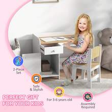 HOMCOM ZONEKIZ Kids Desk And Chair Set For 3-6 Years, 2 Piece Children Study Table With Storage Cabinet, Drawer For Writing, Reading - White - White - View 6