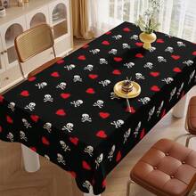 1 pièce Nappe en polyester noir avec motif squelette, motifs de crânes, fleurs et cœurs. Nappe rectangulaire/carrée imperméable, anti-taches et sans plis. Pour la décoration intérieure et extérieure, maison, chambre, salle de bain, cuisine et salle à manger. Idéal pour Halloween, Noël, mariage, anniversaire, fête, pique-nique et autres occasions festives.