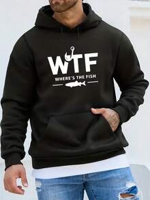 Sudadera con capucha divertida para hombres jóvenes con patrón '¿Dónde está el pez' - Forrada de felpa, cálida, gris, casual, regalo humorístico, ropa para entusiastas de la pesca - Negro - Ver 1