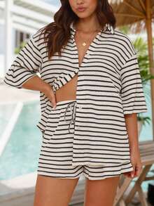 2 pezzi Completo casual da donna taglie forti con maglietta a maniche corte a righe e pantaloncini con coulisse, comodo per uso quotidiano, spiaggia, festival estivi - Bianco - Visualizzare 7