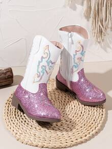 زوج من بوت البنات المطرزة، بوت مدرسية للطلاب، بوت أطفال، بوت بطراز غربي، بوت ثلج مقاومة للانزلاق ومقاومة للماء للاستخدام الخارجي والحفلات