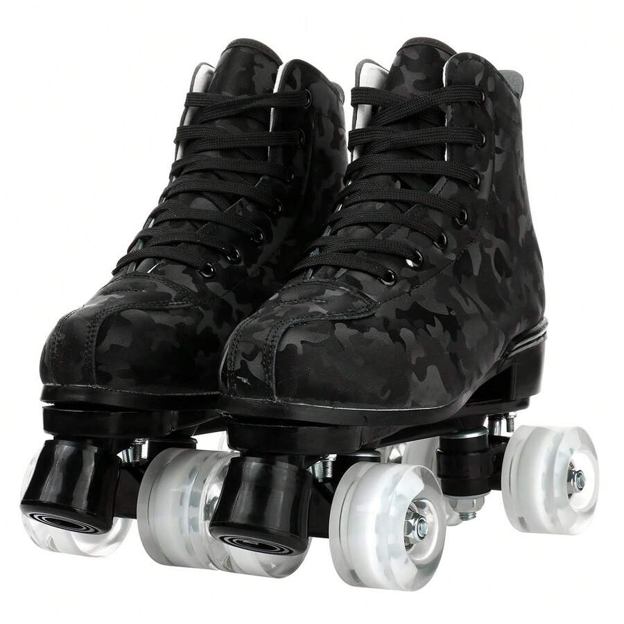 YYW Roller Skates For Women And Men Cowhide High-Top Shoes Classic Double-Row Roller Skate Four-Wheel Roller Skates For Men Girls Unisex Christmas(Camouflage Black Wheel Model) - 迷彩閃光輪 - 查看 1