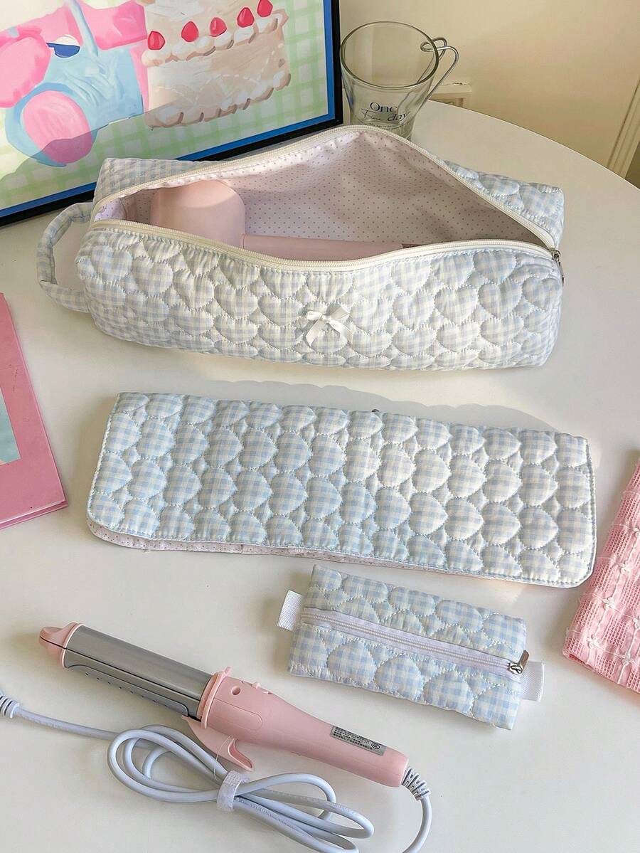 1Pc/Set Gingham Print Quilted Cute Hair Dryer Storage Bag Curling Irons Storage Bag Hair Dryer Holder Hair Tool Bag Hair Clips Storage Bag Travel Storge Bag Set Travel Carrying Organizer Bag For Crimping Hair Tools(Curling Iron, Hair Dryer), Hair Clips, Hair Straightener, Small Items Multi-Functional Storage Bags Travel Essentials Cruise Essentials Dorm Essentials Back To School Gifts Mom Gifts Bridesmaid Gifts Gift For Valentine's Day - Blue - View 1