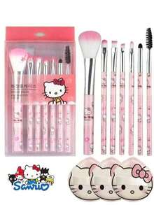 Sanrio 10 Piece Hello Kitty Ladies Makeup Brush Set, Professional Makeup Brush Set, - Pink Powder Blusher, Eyebrow Pencil, Lipstick, Eye Shadow, Brush And Powder Puff Set, Suitable For Beginners