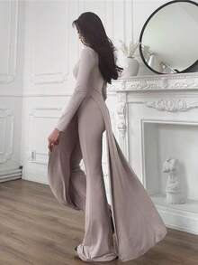 Nowy stylowy, jednolity kolor, elegancki zestaw z długim rękawem i spodniami dzwonami