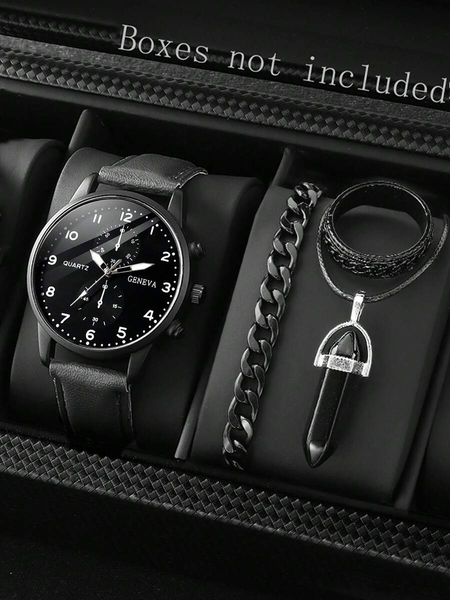 1pc/4pcs Men's Casual Personalized Sports PU Leather Quartz Watch And Bullet Necklace Jewelry Set - Black - View 1