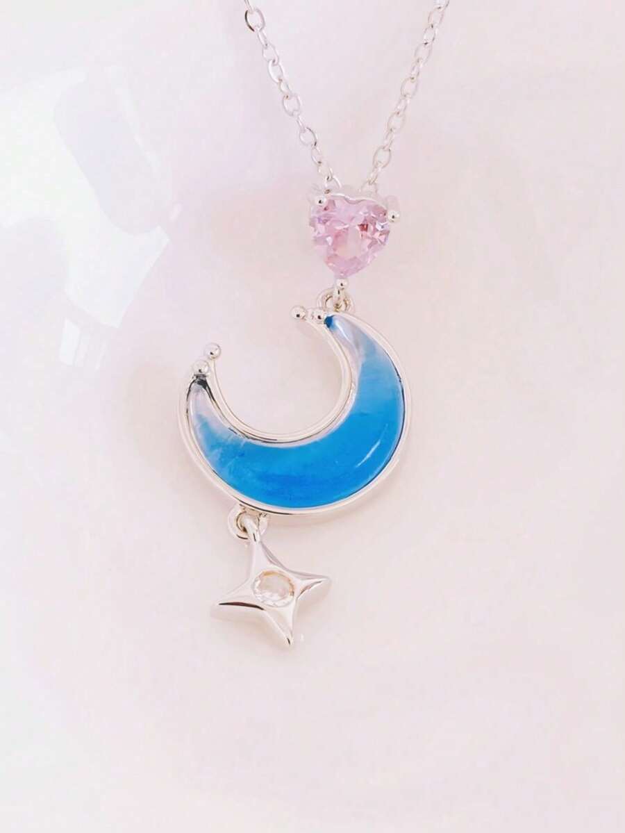Stainless Steel Moon And Star Necklace - 金色藍月 - 查看 1