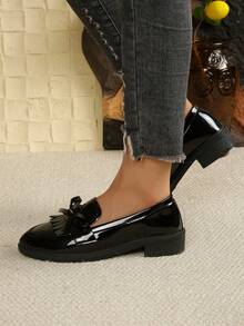 Women's Fashionable Flat Shoes, Bow Decor Slip-On Loafers - Black Elegant - View 4