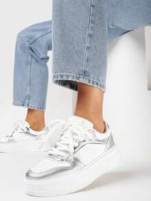 Thick Sole Sneakers With Numerous Inserts On The Upper - Silver - View 1